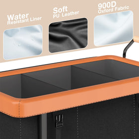 Elowen leather patchwork laundry sorter on a sturdy steel frame for lasting use.