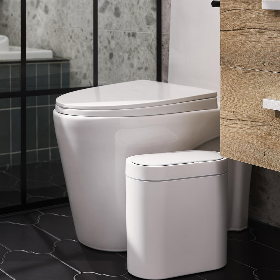 ELPHECO bathroom sensor trash can with lid open demonstrates hands-free convenience.