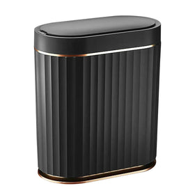 ELPHECO black bathroom trash can with lid sensor for hands-free waste disposal.