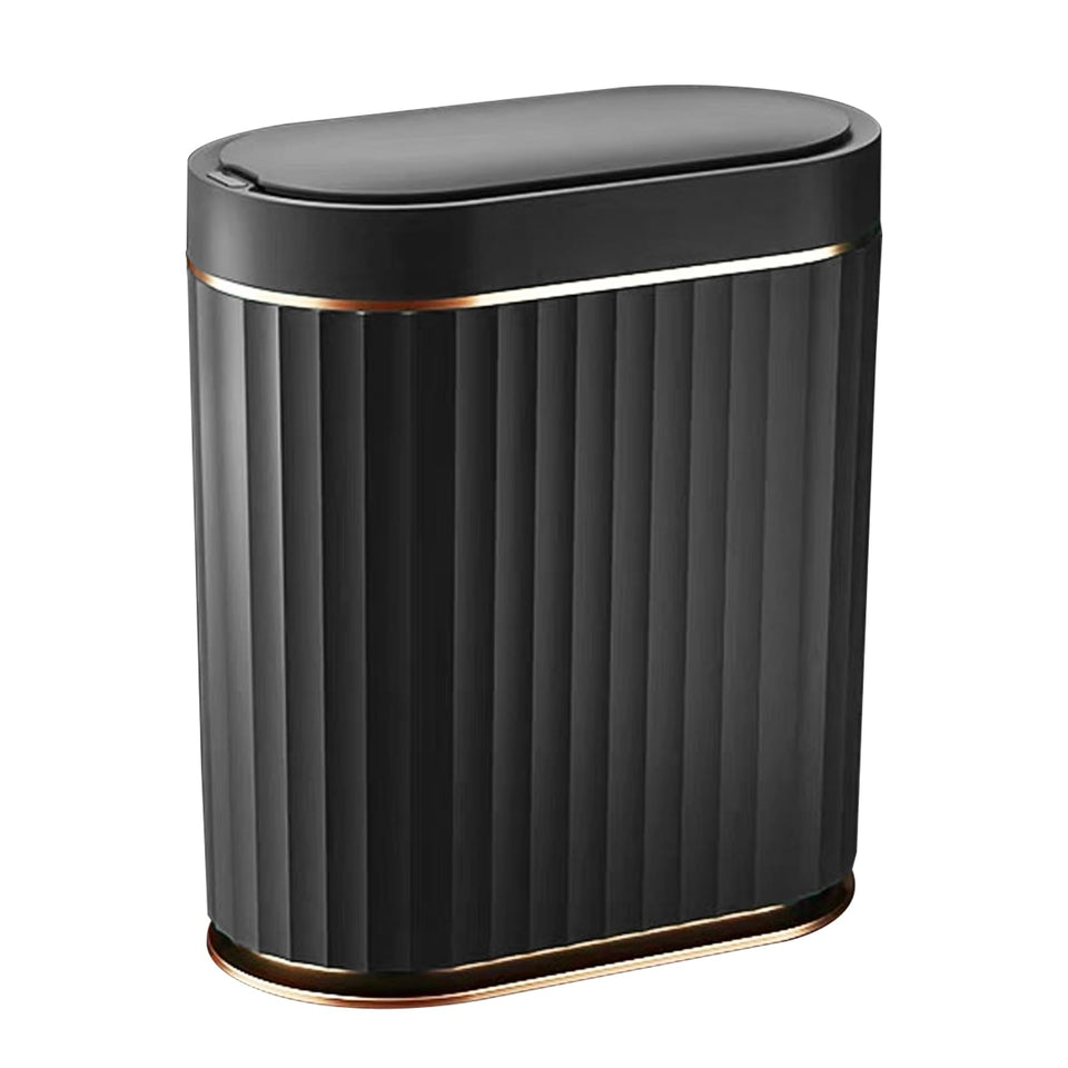ELPHECO black bathroom trash can with lid sensor for hands-free waste disposal.