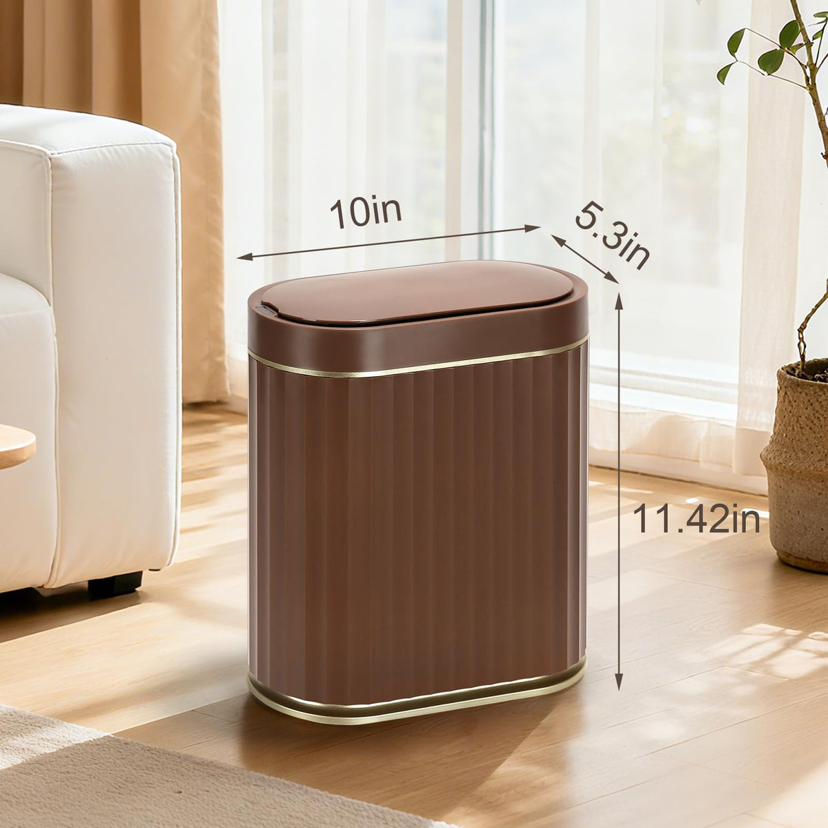 ELPHECO brown-gold finish with lid open showing hands-free operation.