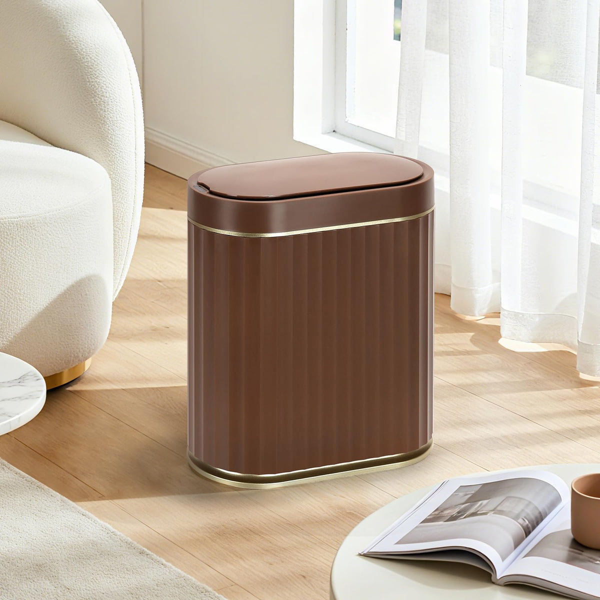 ELPHECO compact trash can placed in an office or bedroom for tidy spaces.