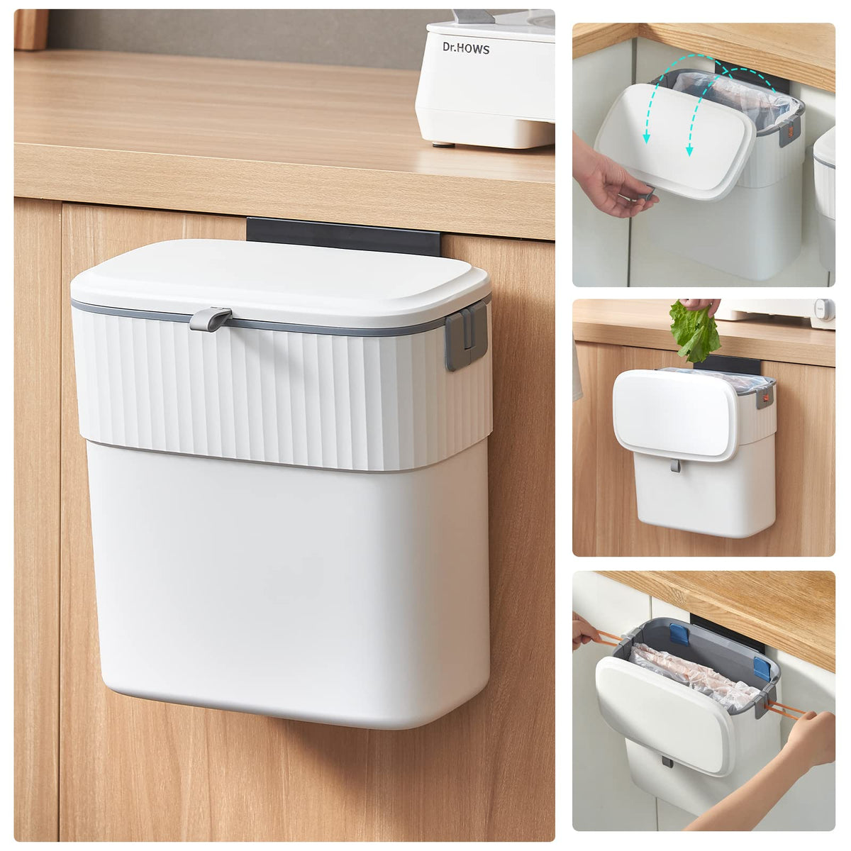 ELPHECO hanging trash can with lid enables easy drawstring bag changes.