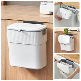 ELPHECO hanging trash can with lid enables easy drawstring bag changes.