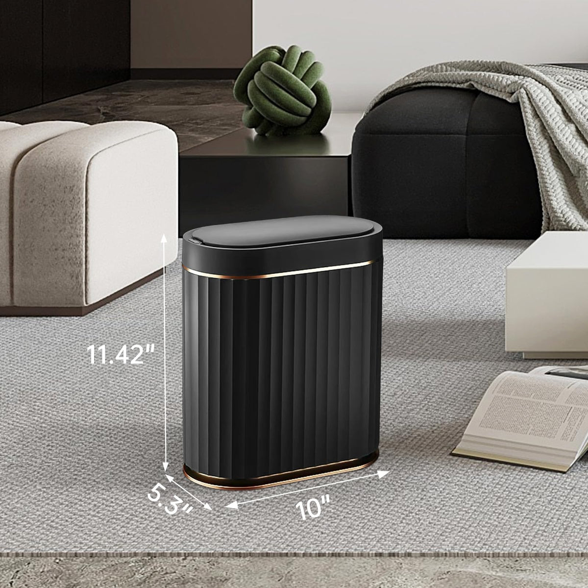 ELPHECO slim trash bin with compact design fits tight bathrooms and desks.