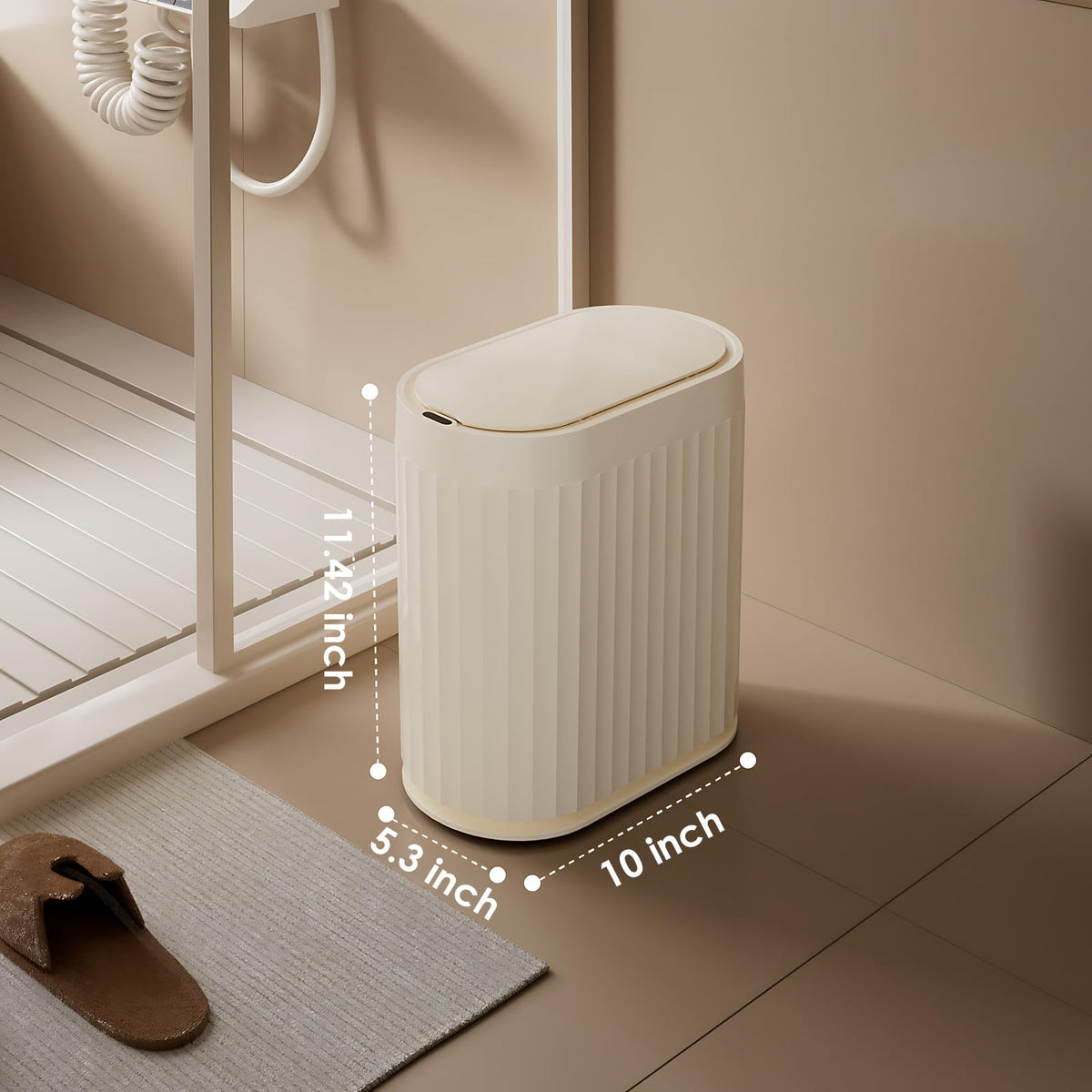 ELPHECO slim beige trash can fits tight bathrooms with discreet design