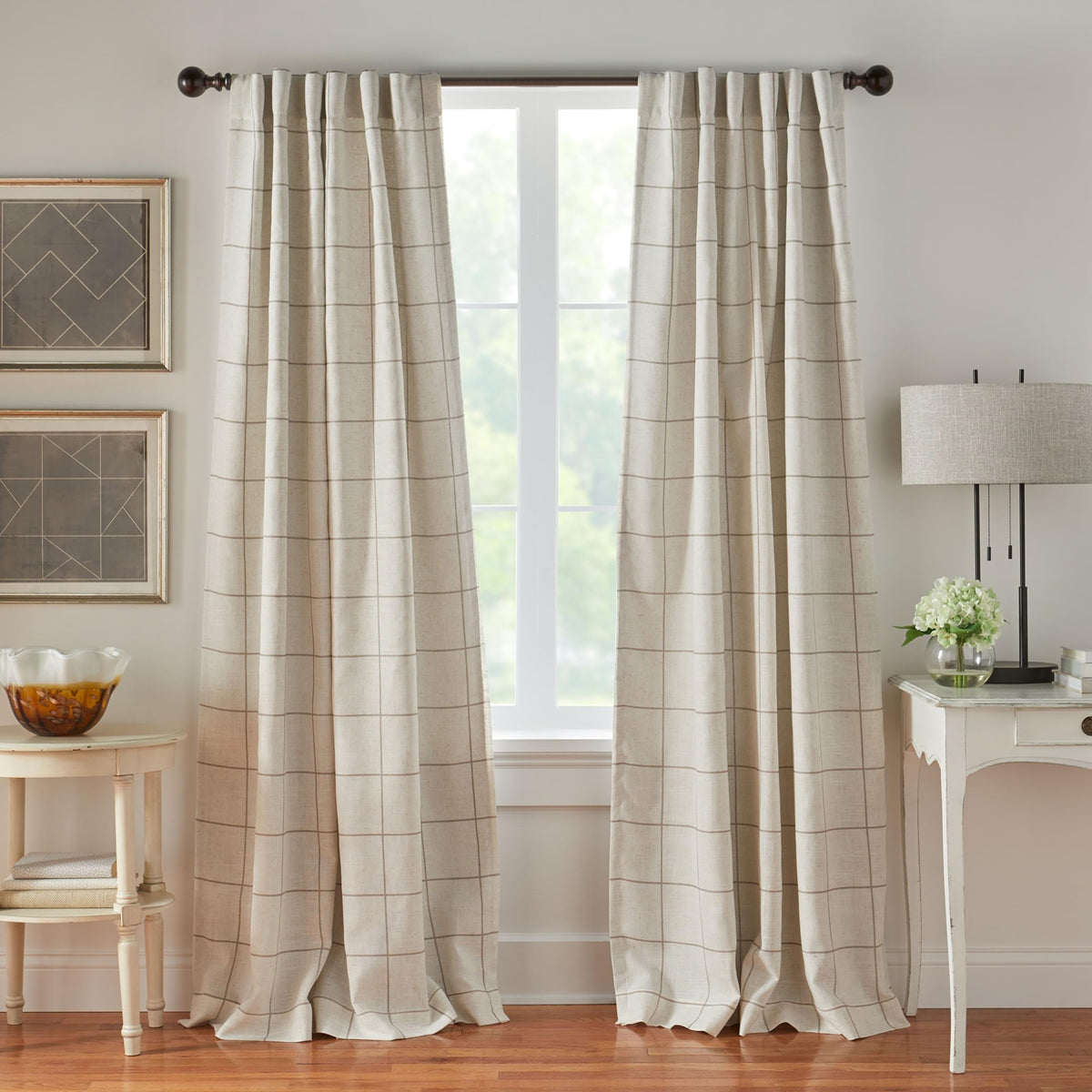 Elrene Brighton Windowpane Plaid Blackout Curtain panel blocks light for daytime privacy.