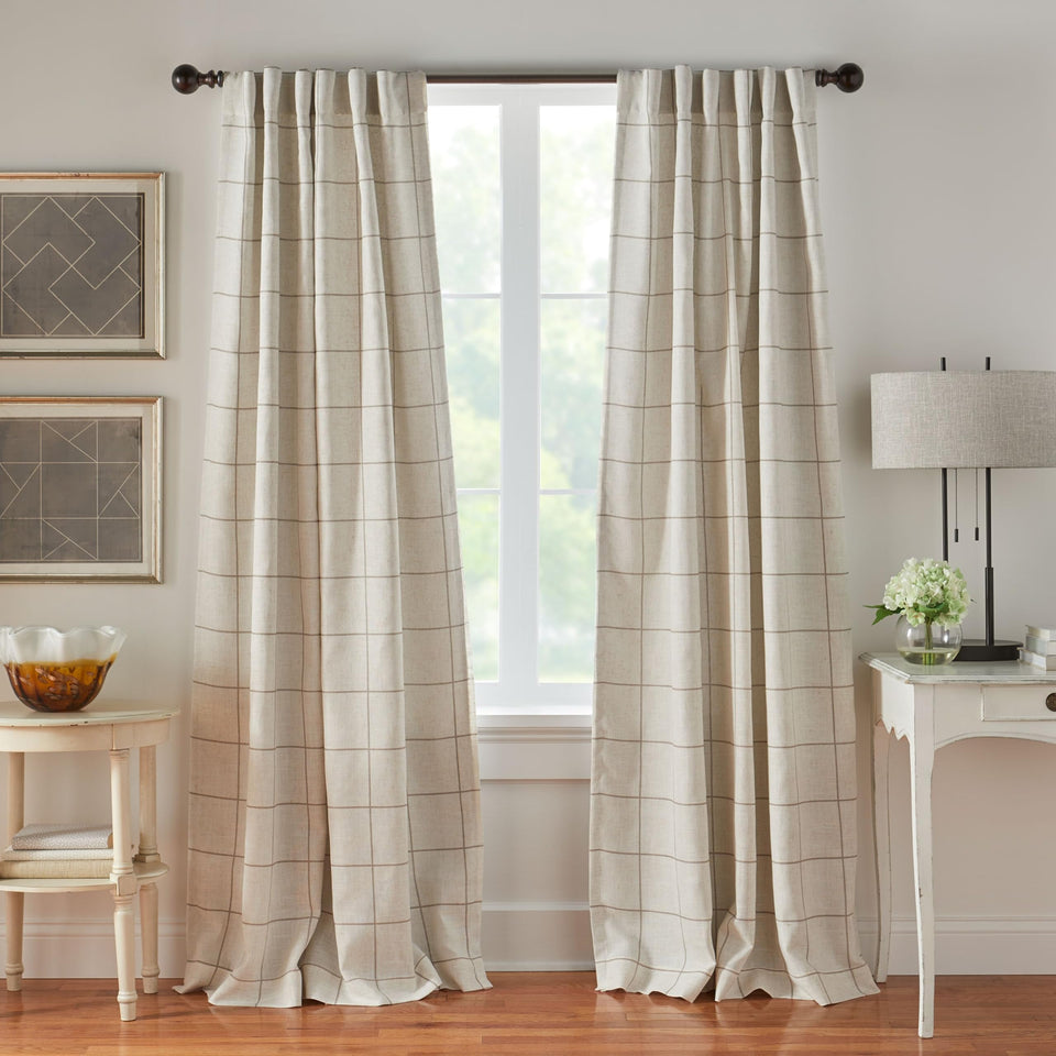 Elrene Brighton Windowpane Plaid Blackout Curtain panel blocks light for daytime privacy.
