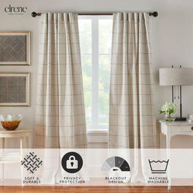 Elrene Brighton Windowpane Plaid Blackout Curtain showcases linen-blend texture and modern farmhouse charm.