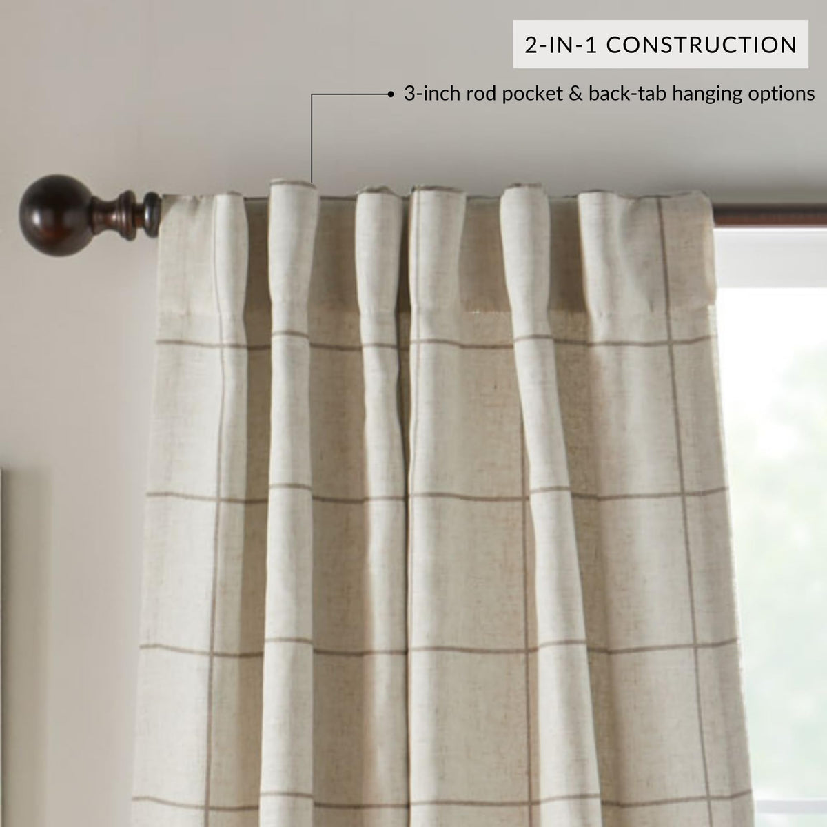 Elrene Brighton Windowpane Plaid Blackout Curtain reduces glare in living rooms and home offices.