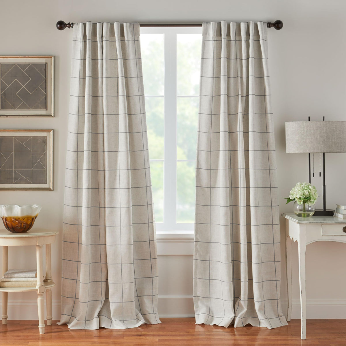 Elrene Brighton windowpane plaid blackout curtain fabric adds modern farmhouse style and light control.