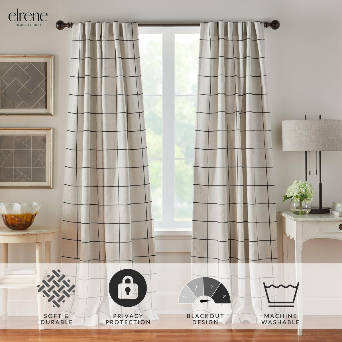 Elrene Brighton Windowpane Plaid Curtain closeup texture highlights linen blend durability