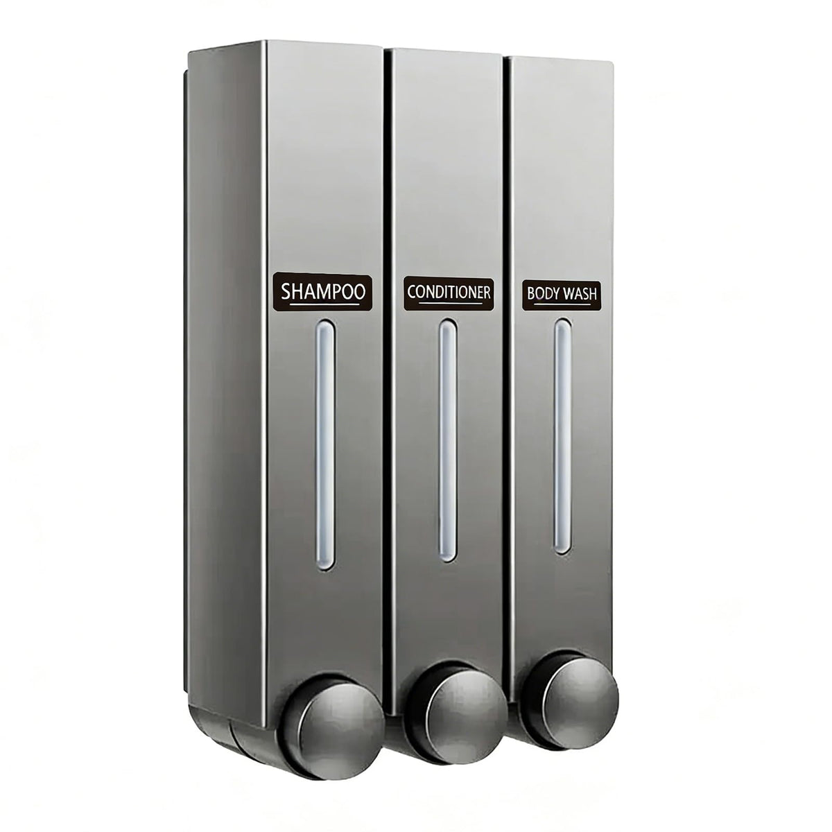 Eluke 3-chamber shower dispenser mounted on wall for neat bathroom organization.