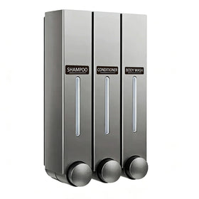 Eluke 3-chamber shower dispenser mounted on wall for neat bathroom organization.