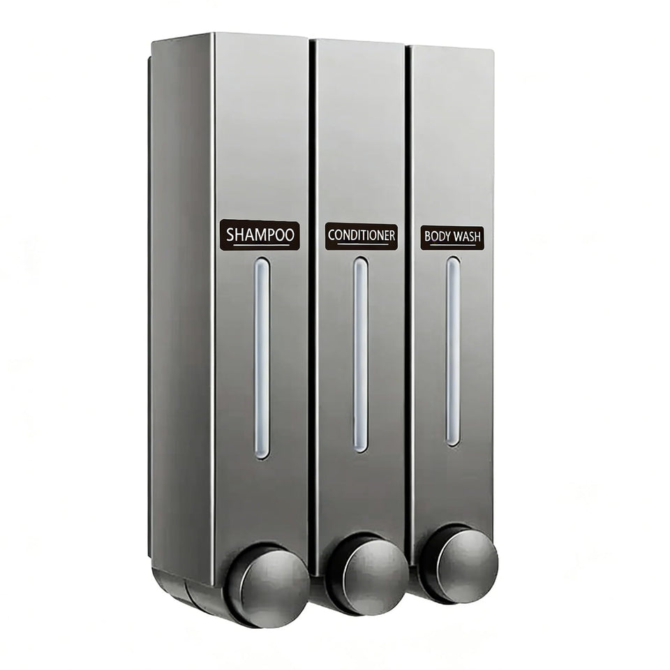 Eluke 3-chamber shower dispenser mounted on wall for neat bathroom organization.