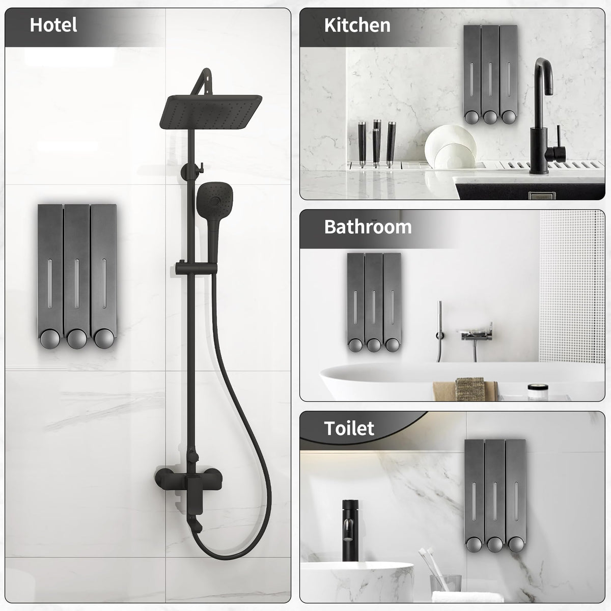 Elegant gun-gray finish adds modern touch to shower decor.