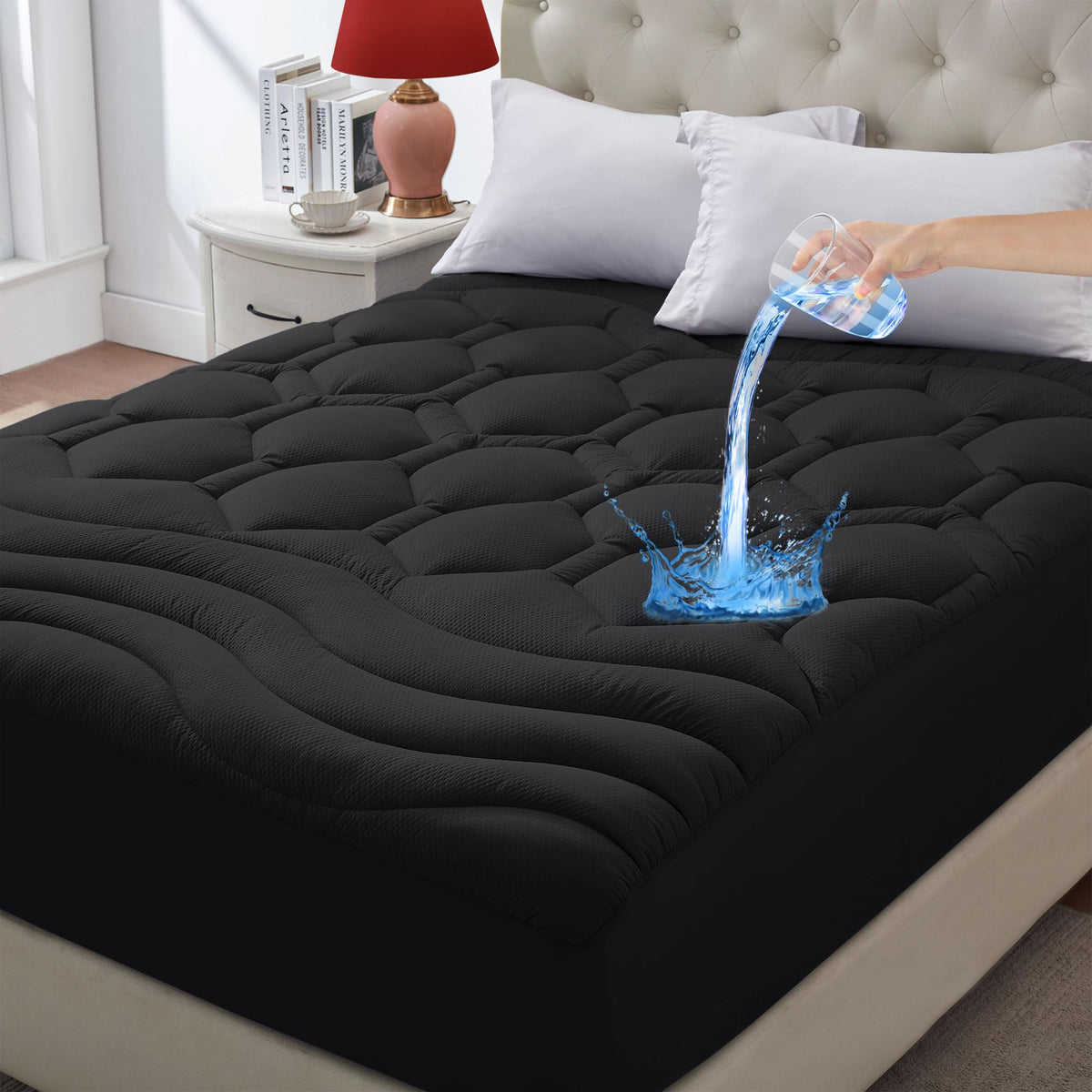 Elven Home waterproof king size mattress pad waterproof backing protects sleeping surfaces.