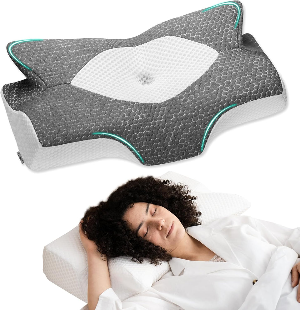 Elviros cervical memory foam pillow, front view, promotes neck comfort and alignment.