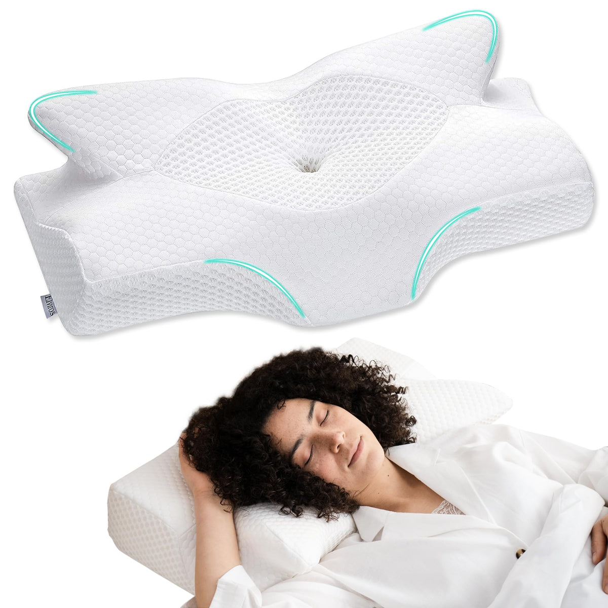 Elviros cervical memory foam pillow overview shows ergonomic shape for neck alignment.