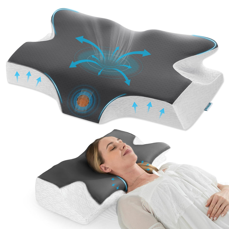 Elviros cervical neck pillow left side view shows ergonomic support for side sleepers