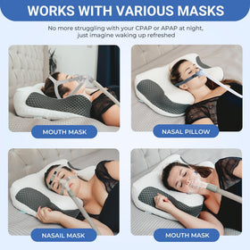 Elviros CPAP Pillow front view highlighting mask cutouts for tubing.