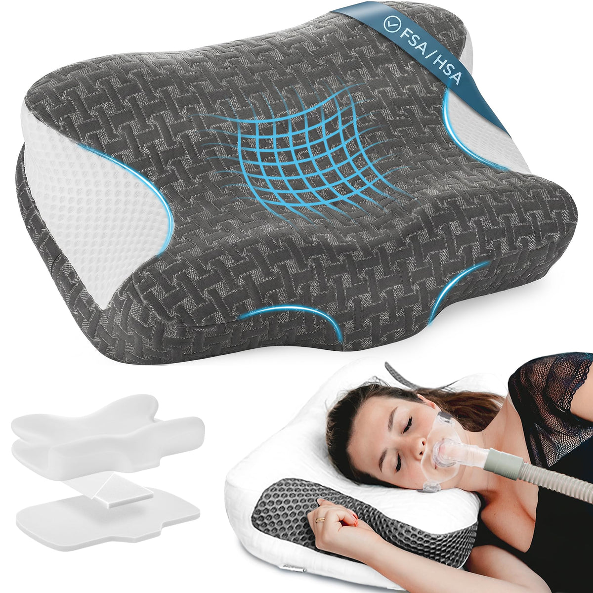 Elviros CPAP Pillow side view showing mask compatibility and neck support.
