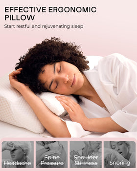 Elviros neck pillow on bed, demonstrates versatility for back and side sleeping.