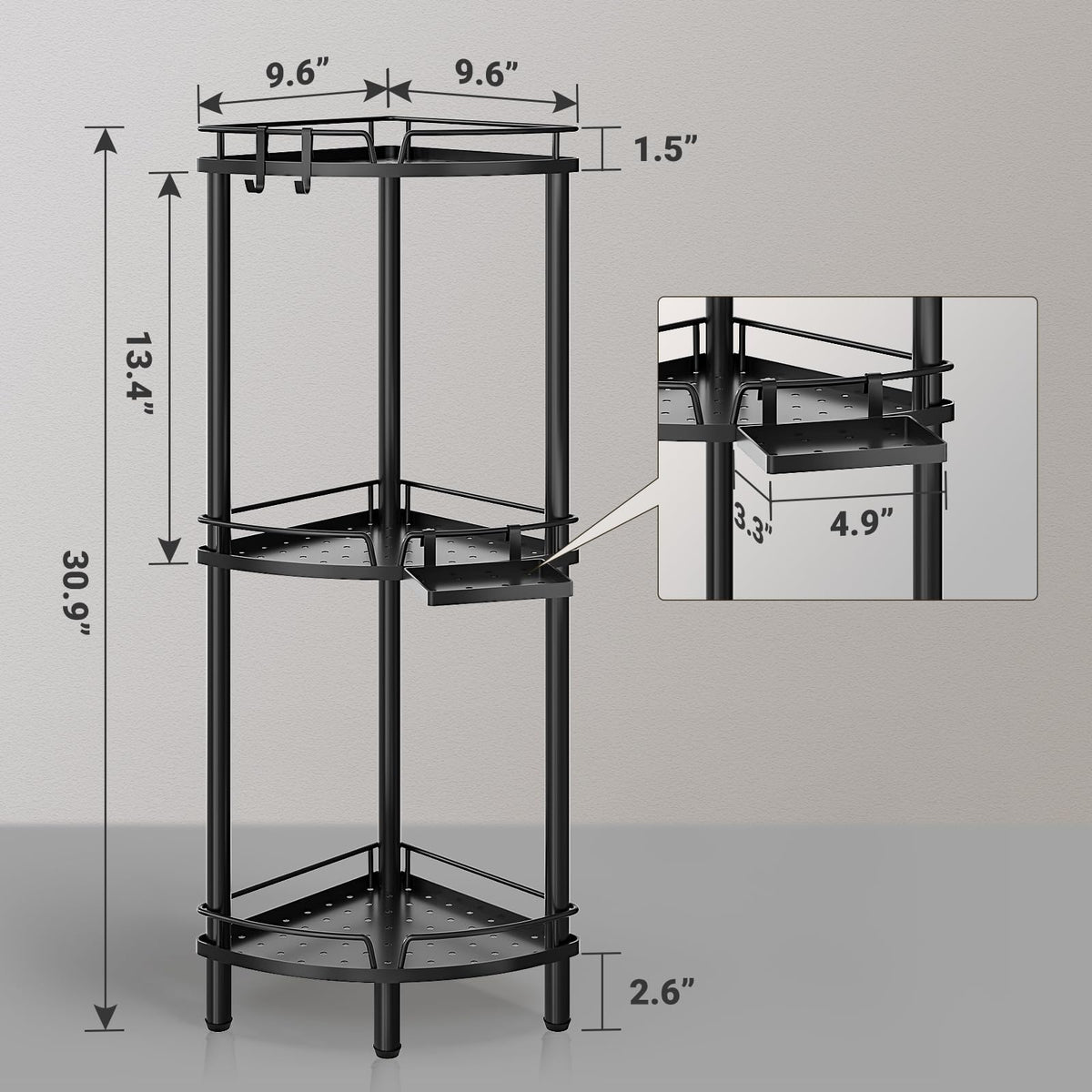 ELYKEN 3-tier shelf fits bathroom corner for efficient space use.