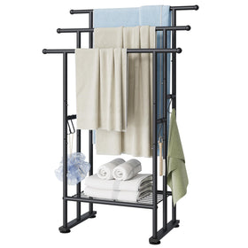 ELYKEN 3-tier standing towel rack with base keeps towels neatly organized and off the floor.
