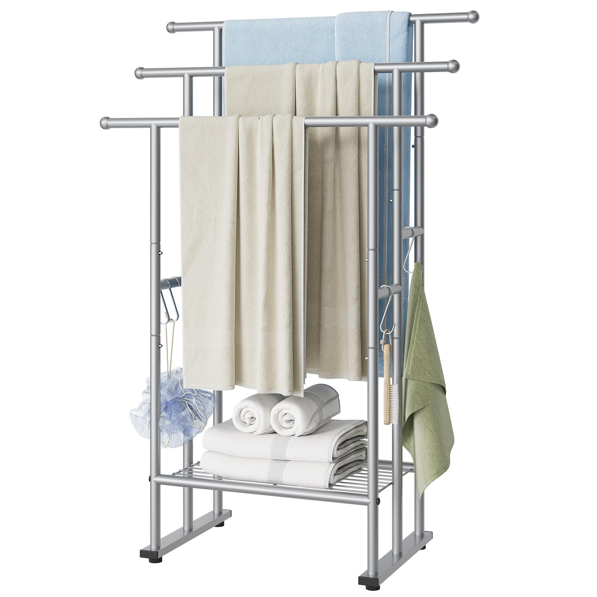 ELYKEN 3-tier standing towel rack front view showing organized towels.