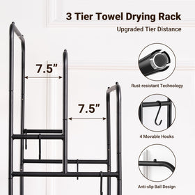 ELYKEN towel rack with four movable hooks adds versatile towel organization.