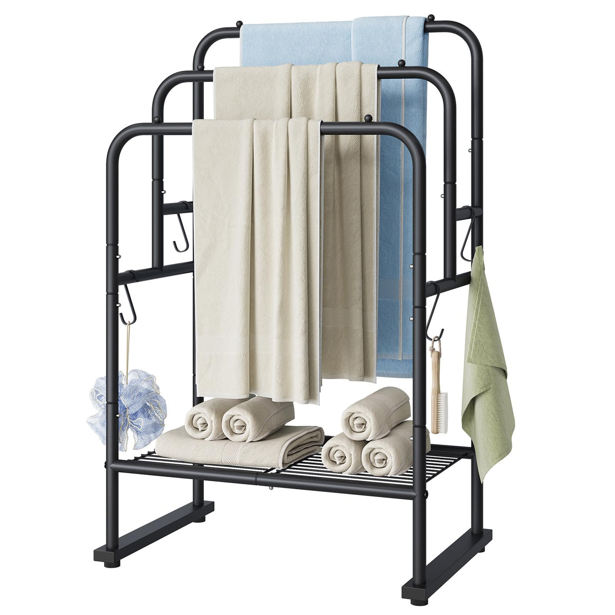 ELYKEN 40'' tall towel rack with three tiers for quick drying in bathroom.