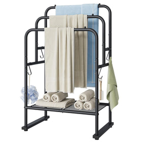 ELYKEN 40'' tall towel rack with three tiers for quick drying in bathroom.