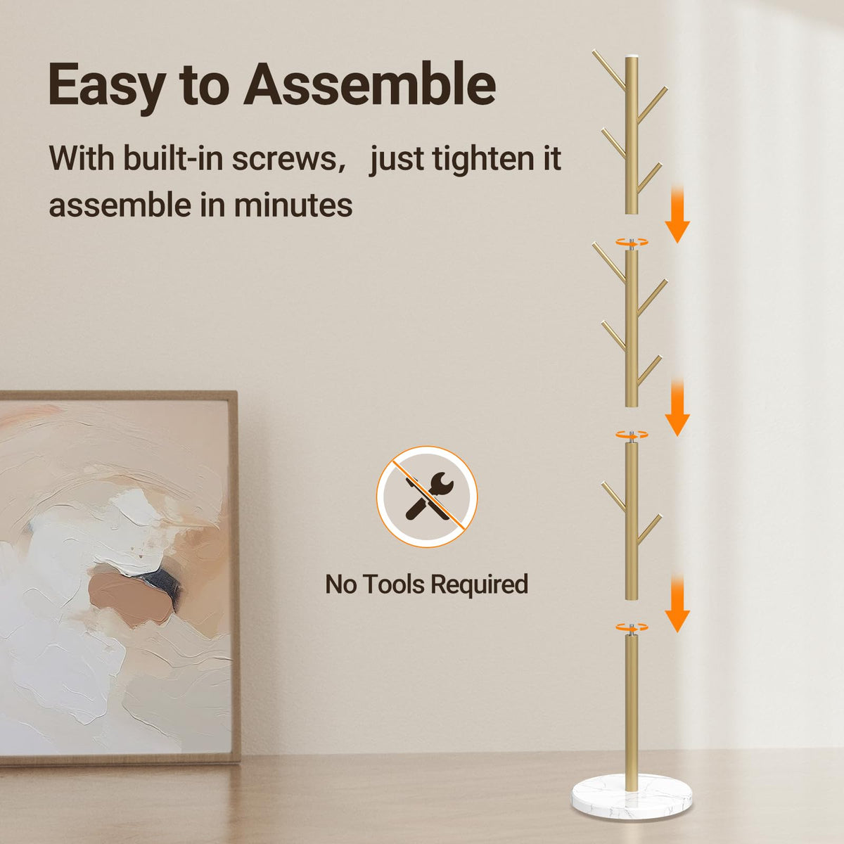 ELYKEN easy-assembly coat rack with clear labeling.
