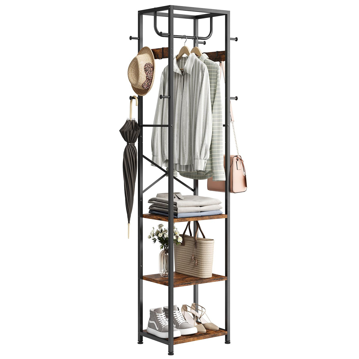 ELYKEN coat rack freestanding with 3 shelves and 12 hooks for organized entryways