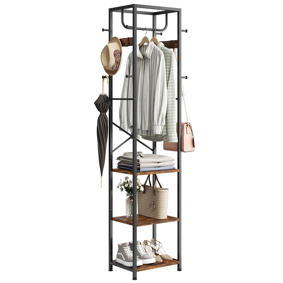 ELYKEN coat rack freestanding with 3 shelves and 12 hooks for organized entryways