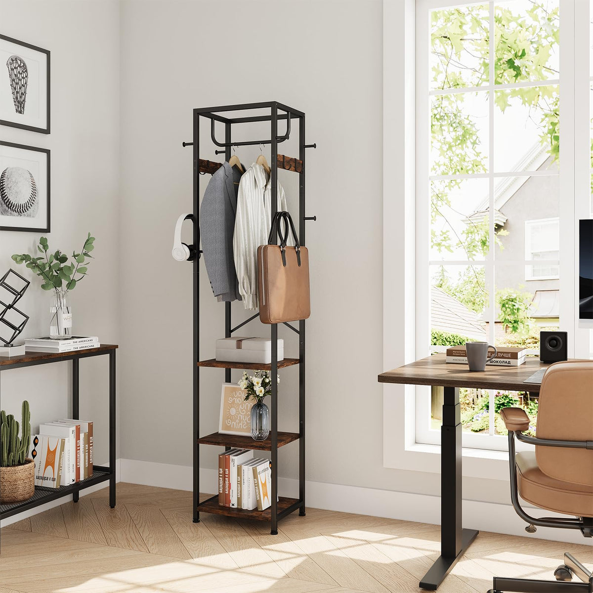 ELYKEN coat rack has hanging rods for quick-access garments and accessories