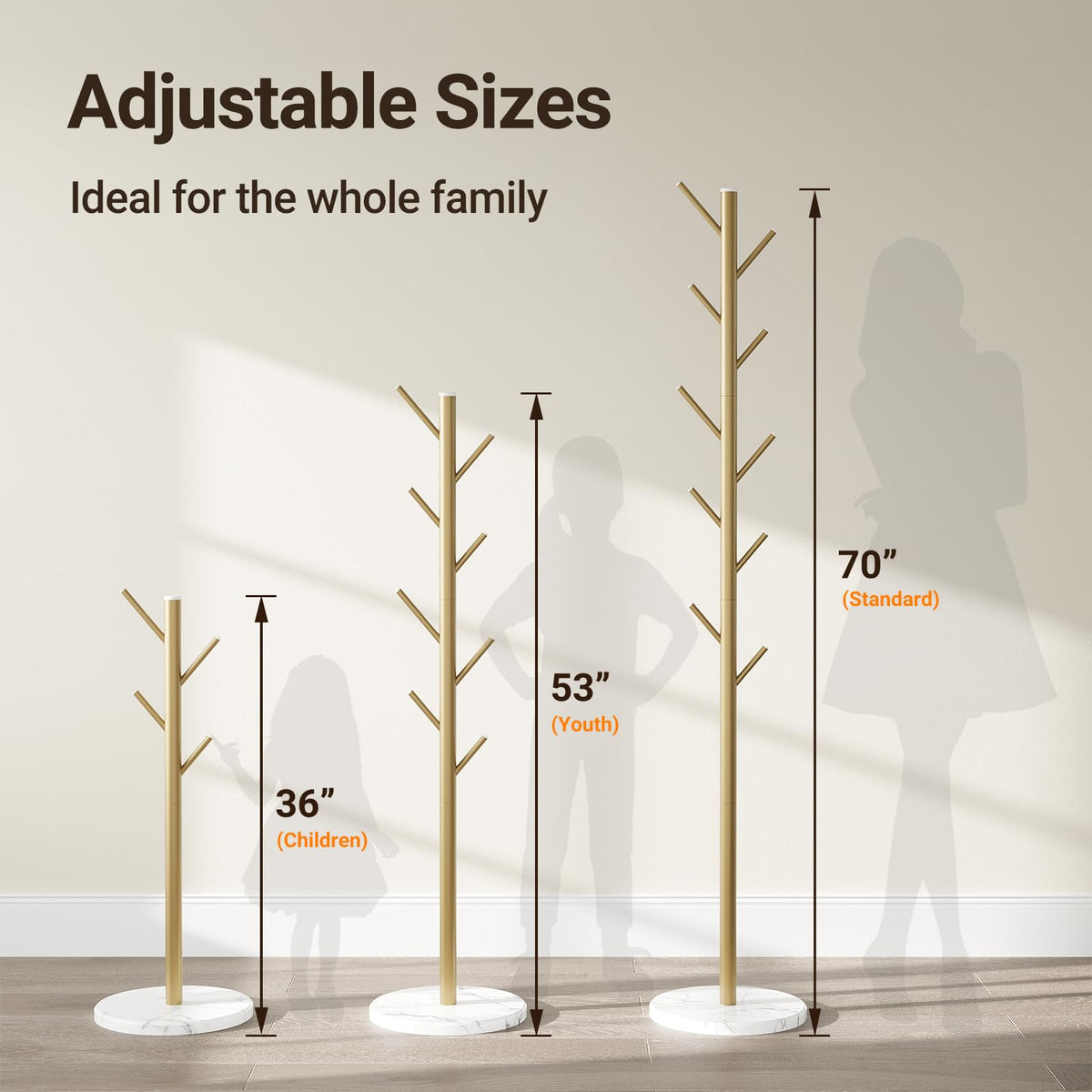 ELYKEN adjustable-height coat tree adapts to family needs.
