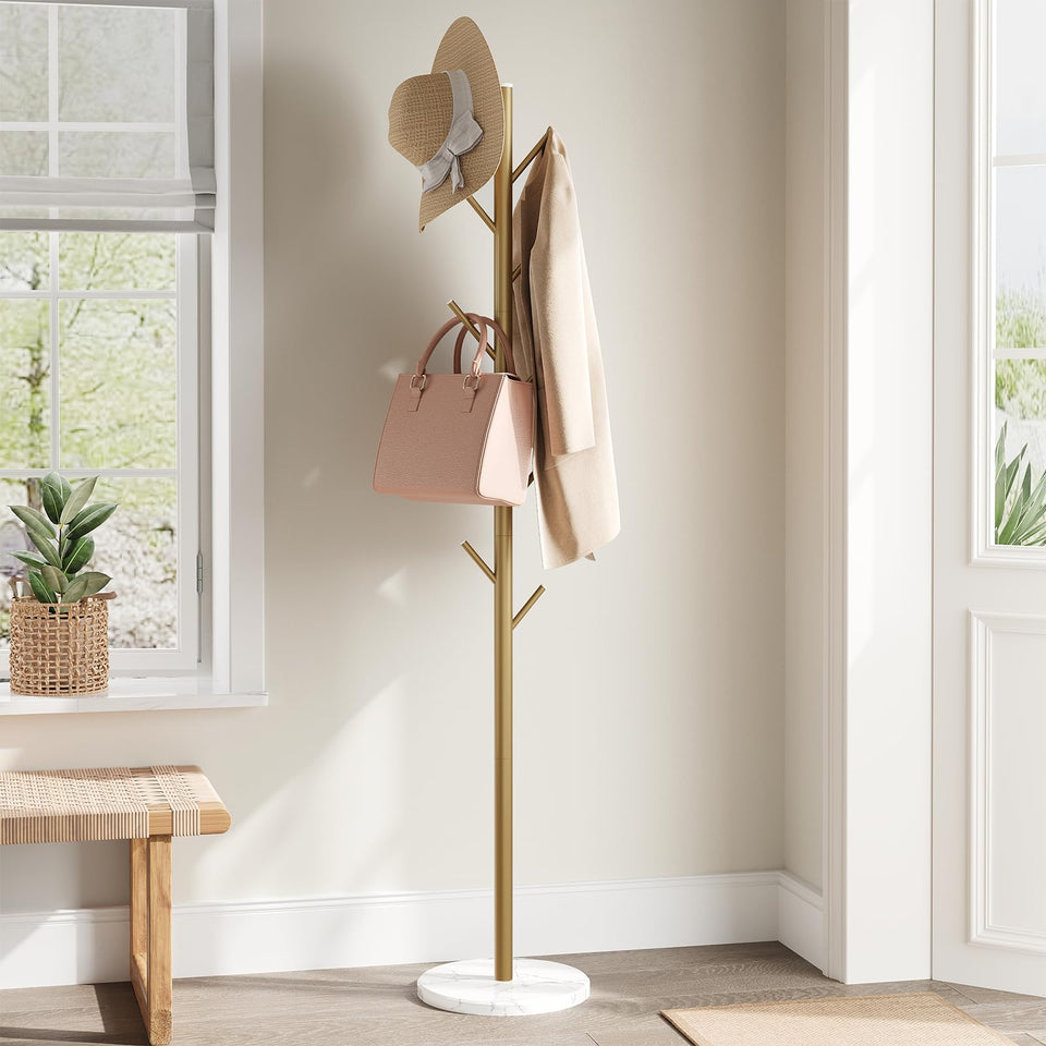 ELYKEN coat rack with marble base promotes stability and style in entryways.