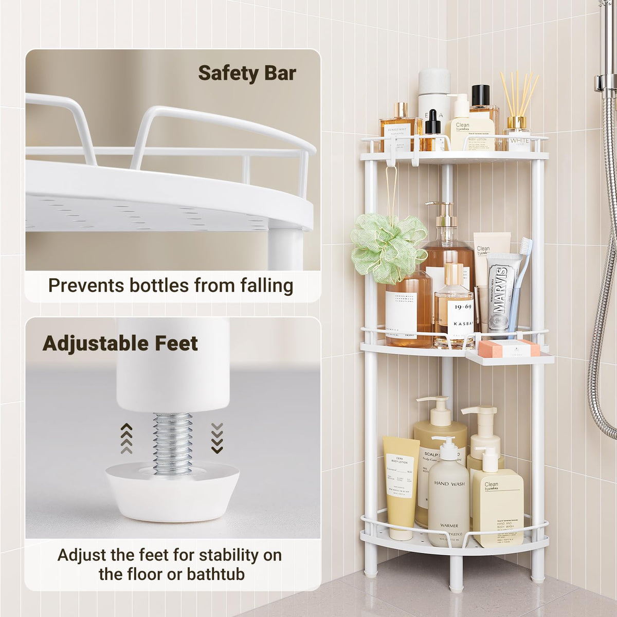 ELYKEN Corner Shower Caddy 3-tier layout maximizes corner storage