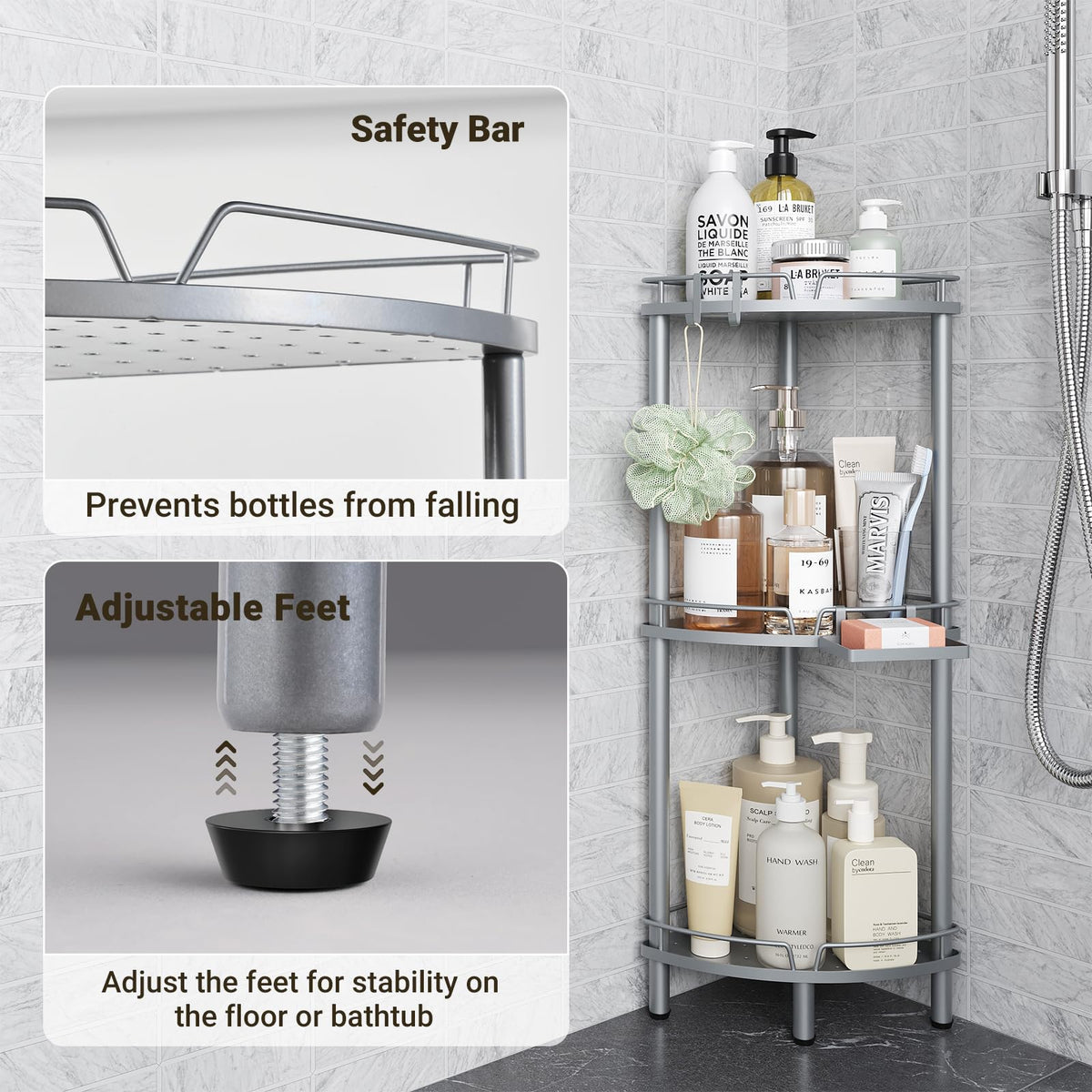 ELYKEN corner shower caddy fits neatly into a shower corner, maximizing space.