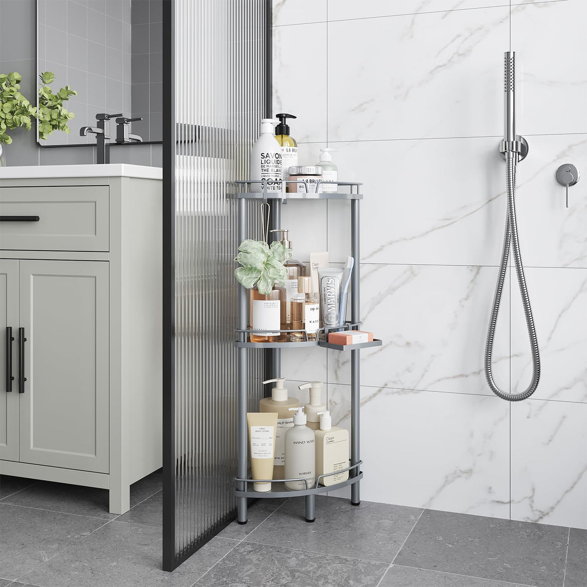 ELYKEN caddy in use with tall shampoo bottles and wide conditioners.