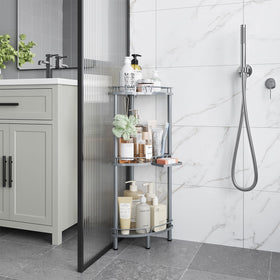 ELYKEN caddy in use with tall shampoo bottles and wide conditioners.