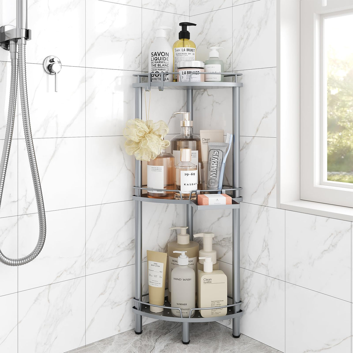 ELYKEN corner shower caddy with side rails secures bottles and keeps shower organized.