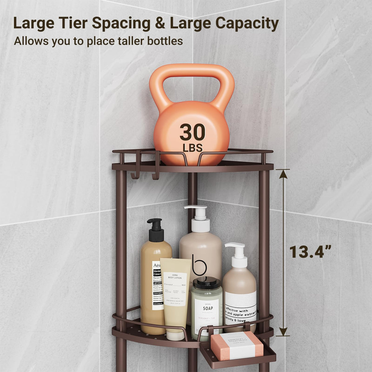 ELYKEN Corner Shower Caddy adjustable feet stabilize on uneven floors.