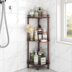 ELYKEN Corner Shower Caddy assembly in bronze demonstrates easy free-standing setup.