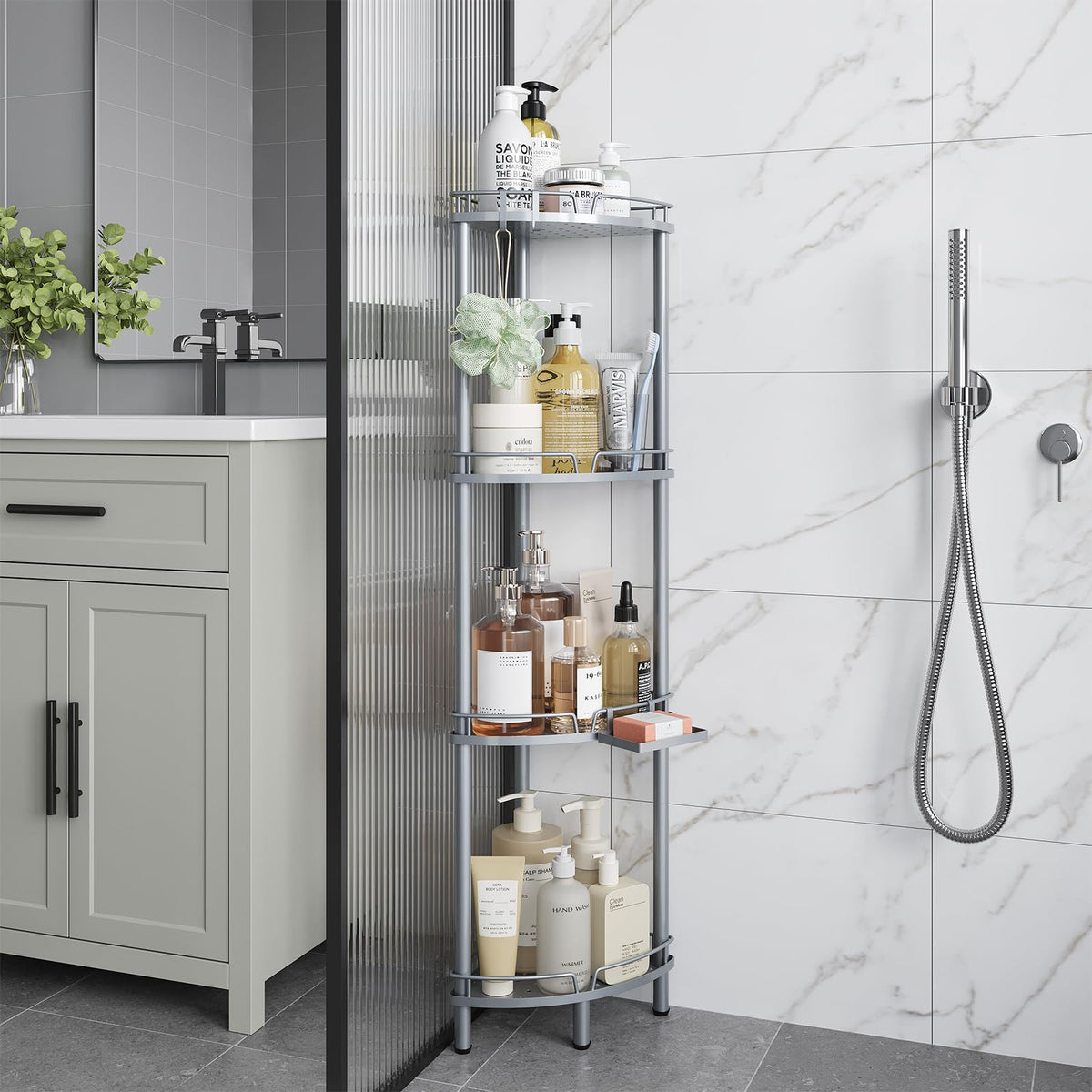 ELYKEN corner shower caddy dimensions suitable for tight spaces and large bottles
