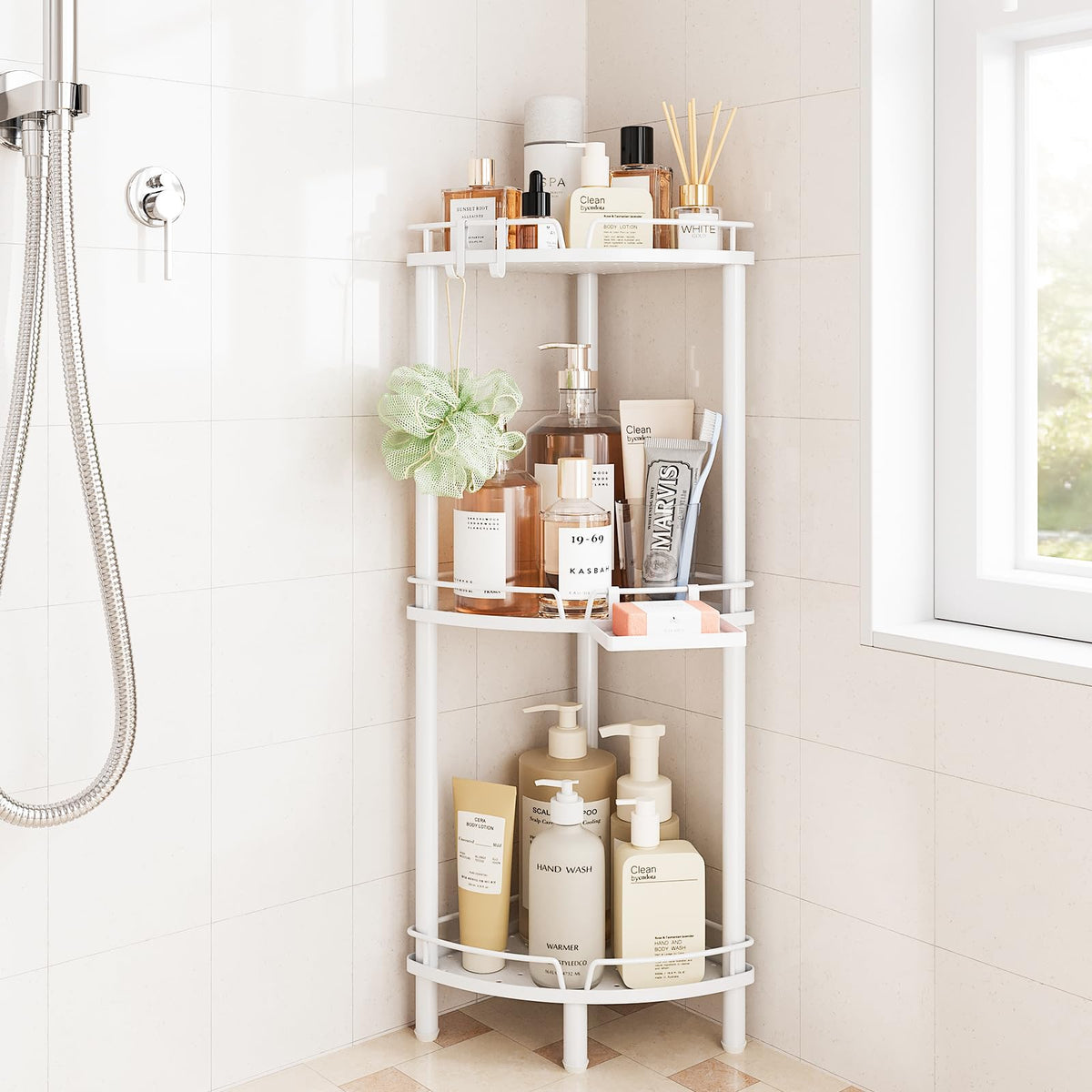 ELYKEN Corner Shower Caddy front view shows rustproof steel for humid bathrooms