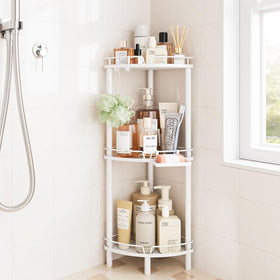 ELYKEN Corner Shower Caddy front view shows rustproof steel for humid bathrooms