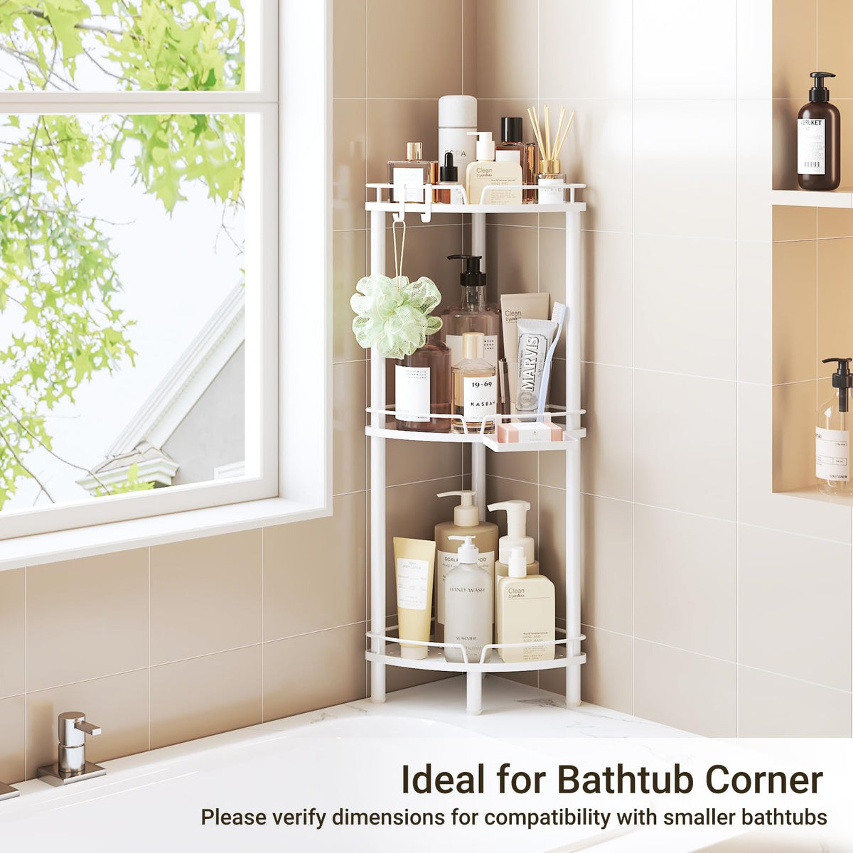 ELYKEN Corner Shower Caddy hooks and soap holder add versatile storage